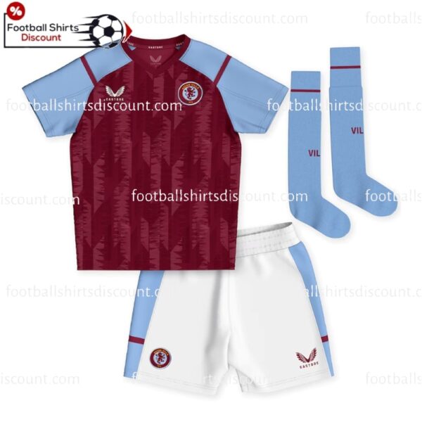 the front of Aston Villa Home Kid Football Kit Discount 2023/24