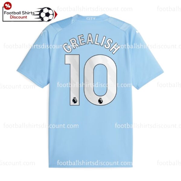 the back of Manchester City Home Grealish 10 Kid Football Kit Discount 2023/24