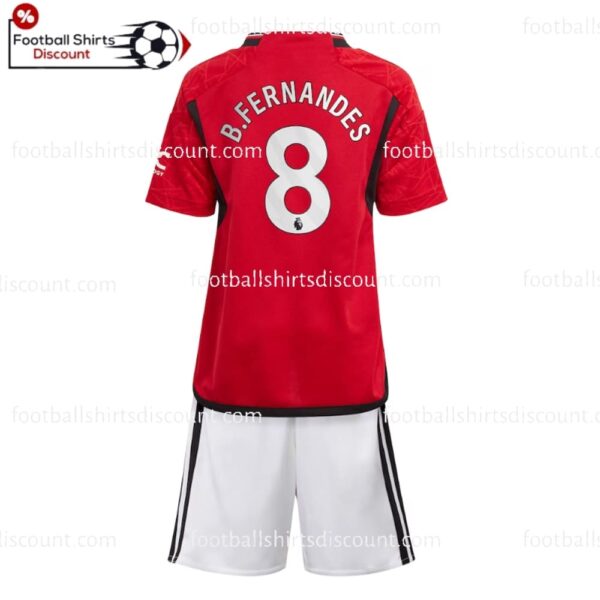 the back of Manchester United Home Bruno 8 Kid Football Kit Discount 2023/24