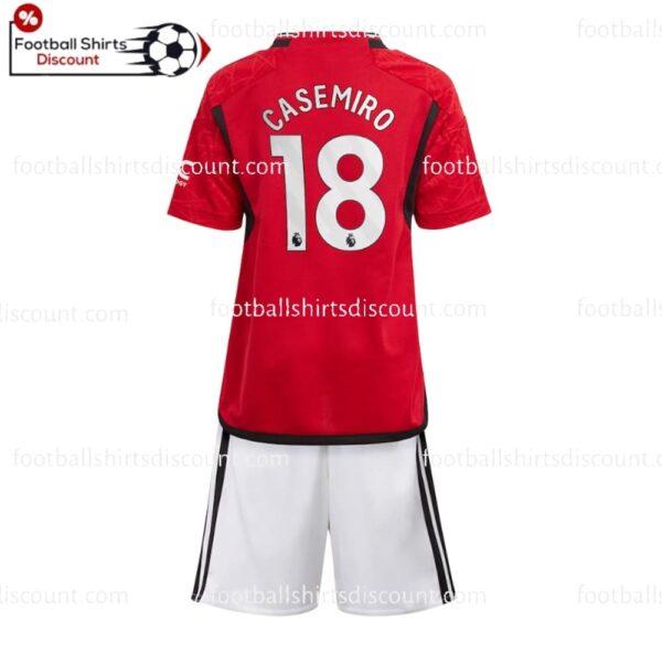 the back of Manchester United Home Casemiro 18 Kid Football Kit Discount 2023/24