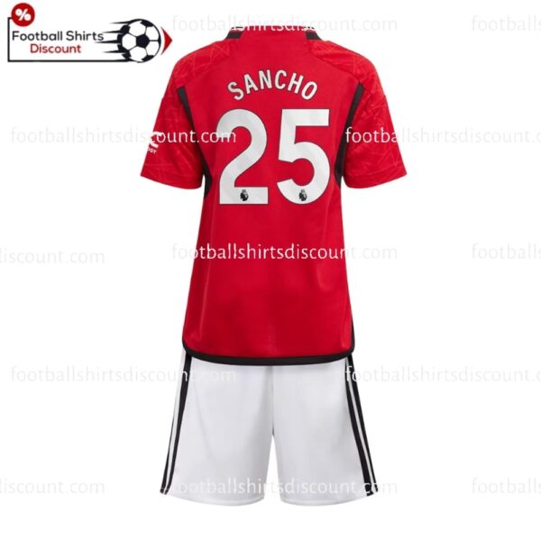 the back of Manchester United Home Sancho 25 Kid Football Kit Discount 2023/24