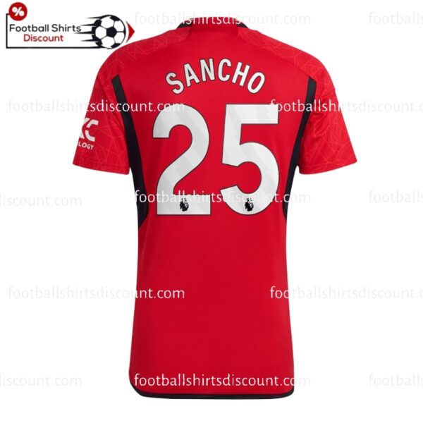 the back of Manchester United Home Sancho 25 Men Football Shirt Discount 2023/24