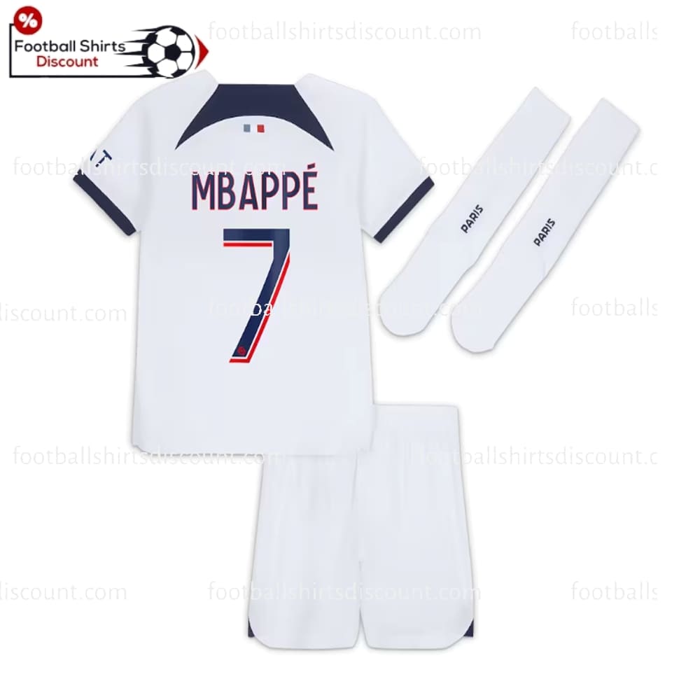 the back of PSG Away Mbappe 7 Kid Football Kit Discount 2023/24