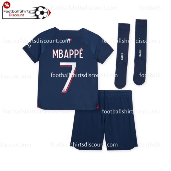 the back of PSG Home Mbappe 7 Kid Football Kit Discount 2023/24